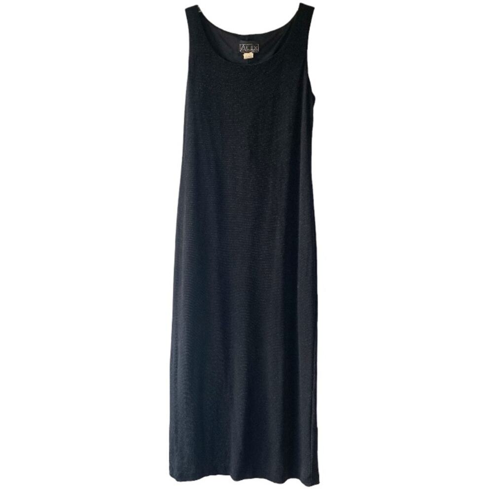 Alex Evenings Maxi Dress Womens 16 Black Metallic Sparkle Sleeveless Slit Gown